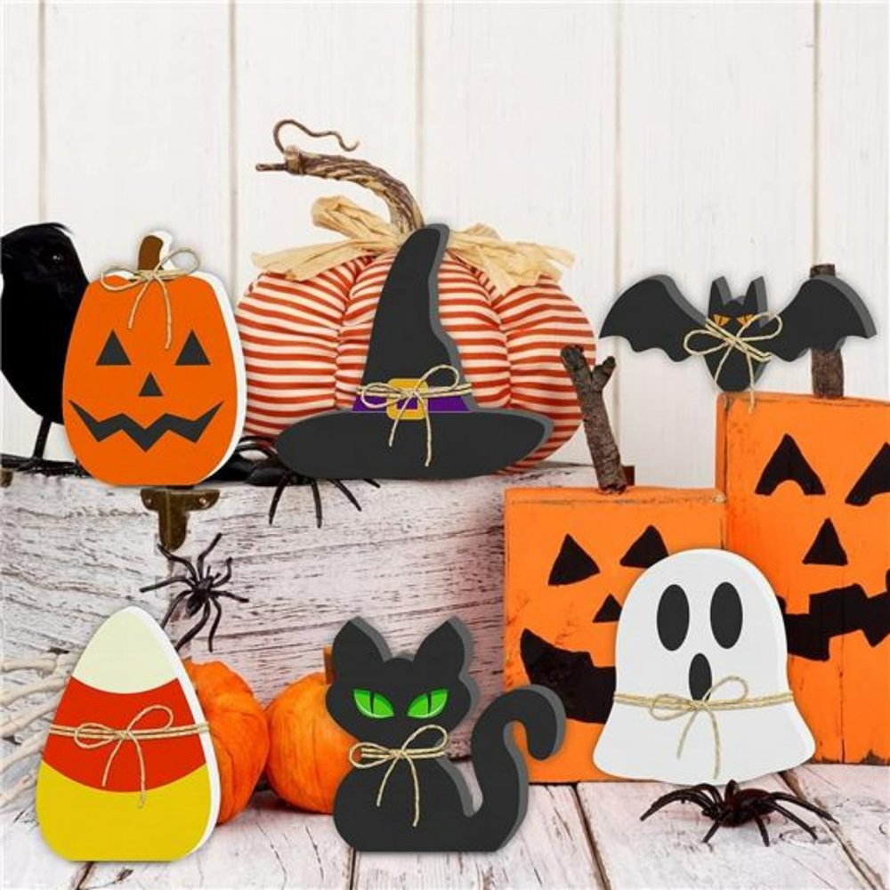 6PCS Halloween Wooden Decor - Halloween Wooden Signs Freestanding Table Signs